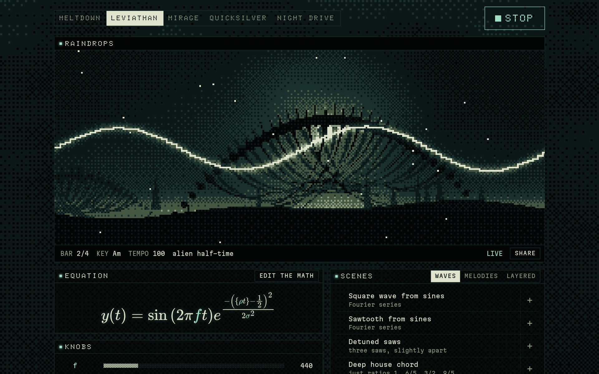 Sinepunk in the Leviathan world: a colossal dithered skeleton arching through teal fog, a glowing sine wave across it and white drops scattered in the air, with the Raindrops equation and the scene list below