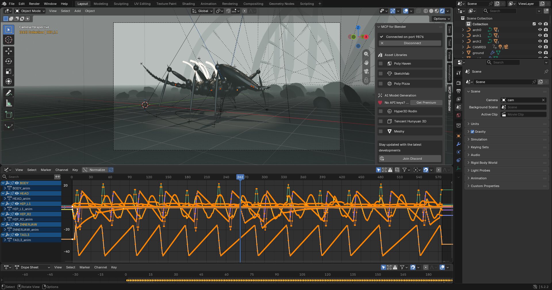 Blender with the creature in the camera view and, below, the motion curves baked from the notes