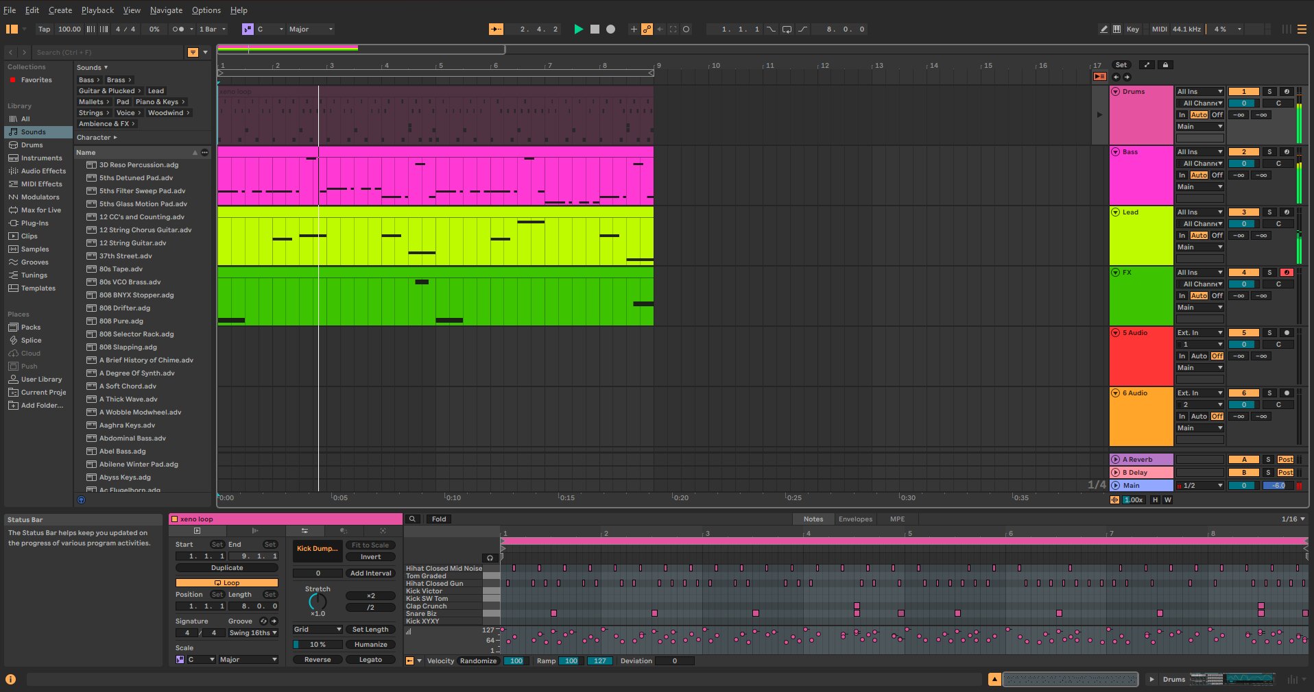 Ableton Live with four tracks, Drums, Bass, Lead and FX, in the Arrangement, and the drum clip open below with one row per sound in the kit